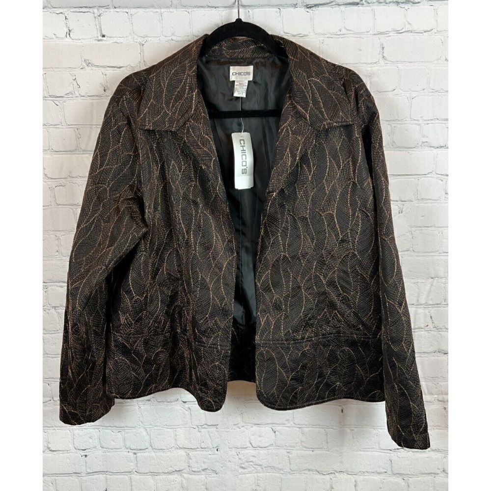 CHICO'S black golden embroidered open front lined jacket blazer 3 16/18 XL NWT